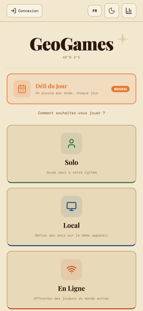 GeoG main menu: daily challenge, solo, local and online modes