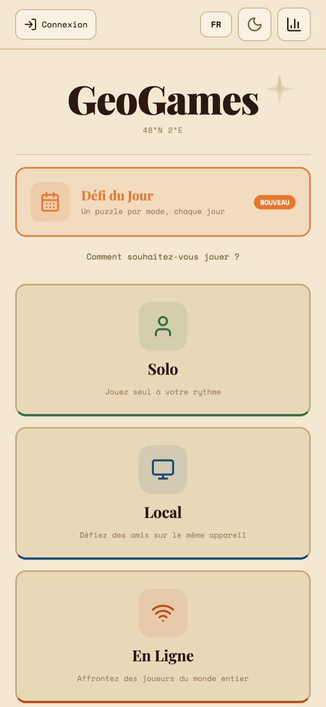 Menu principal de GeoG : défi du jour, mode solo, local et en ligne