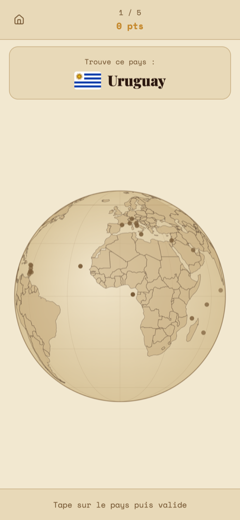 GeoG 3D Globe mode: locating Uruguay on an antique-atlas globe