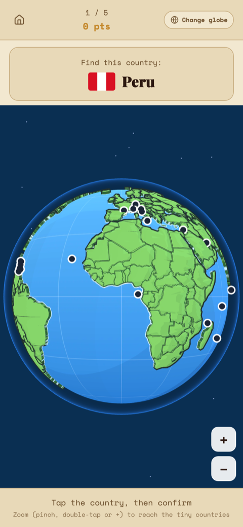 GeoG 3D Globe mode: locating Peru on an antique-atlas globe