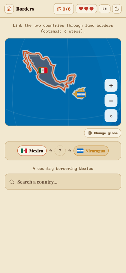 GeoG Borders mode: linking two countries across their land borders