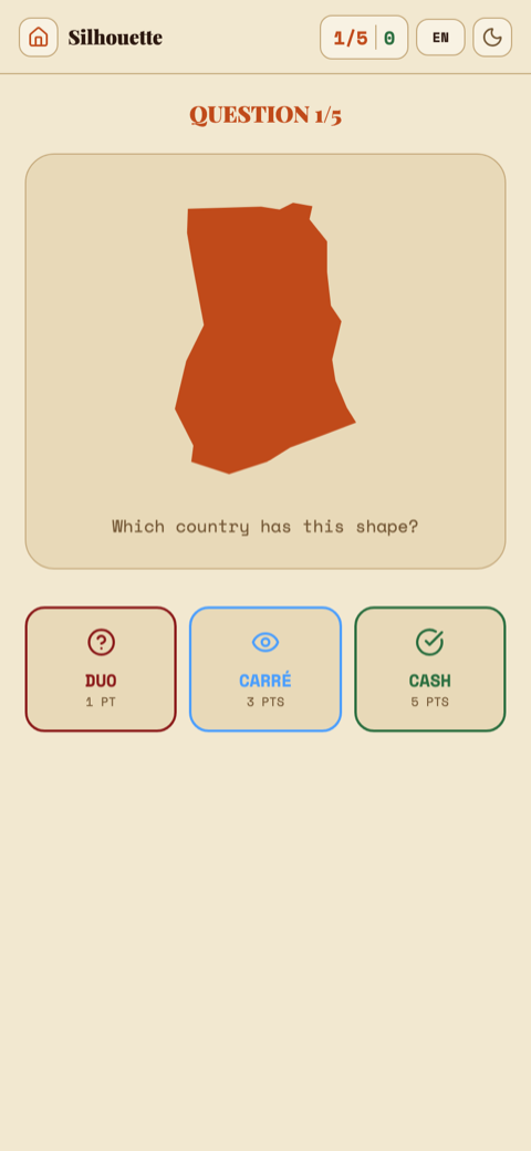 GeoG Silhouette mode: recognising a country from its outline alone, in DUO, CARRÉ or CASH
